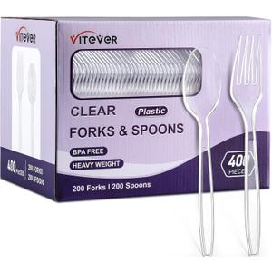 [400 Count] Clear Plastic Forks and Spoons Set Bulk - Heavy Duty Disposable Spoons and Forks Silverware, Plastic Utensils Cutlery Set for Party