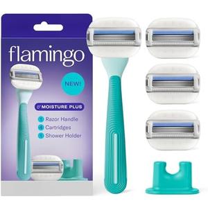 Flamingo Moisture Plus Women's Razor Set - Razor Handle, 4 Blade Refills, Shower Holder - Seafoam