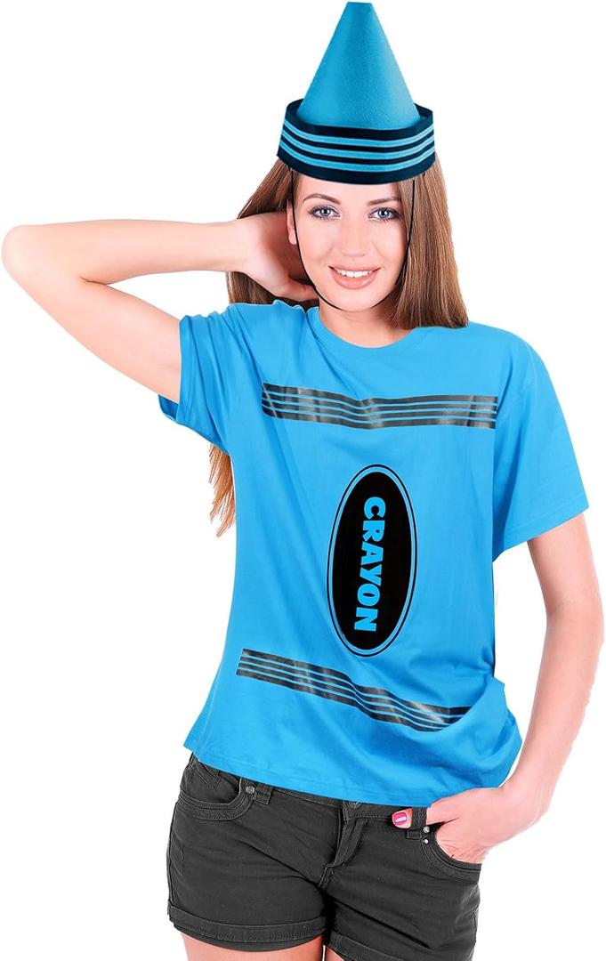 2Pcs Baby Blue Crayon Shirt Funny Gnome Cone Hats Set for Adults Women Men Crayon Halloween Costume Unisex T-Shirt