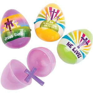 Fun Express - He Lives Plastic Eggs W/Crosses for Easter - Party Supplies - Pre - Filled Party Favors - Pre - Filled Plastic Containers - Easter - 12 Pieces
