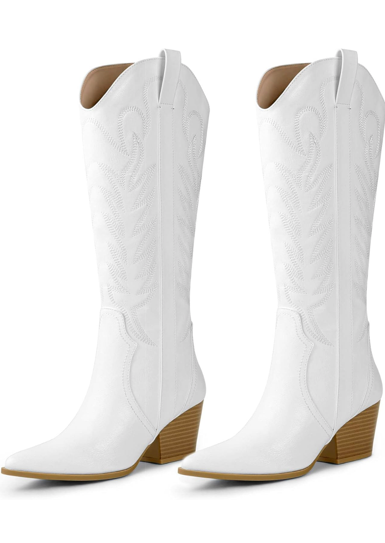 Arromic Cowboy Boots for Women Comfortable Womens Embroidered Western Cowgirl Knee High Boots Pointed Toe Zipper Chunky Heel Country Outfit Retro Tall Boots 9.5