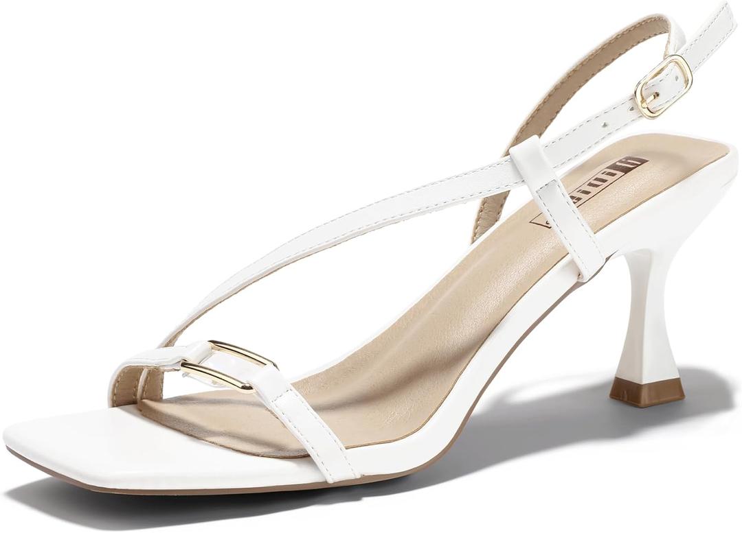 IDIFU IN3 Kitten Heels Strappy Slingback Open Square Toe Short Low Small Heeled Sandals Wedding Bridal Prom Bride Bridesmaid Dress Shoes For Women Comfortable Work Cute Trendy Fashion Heels (6, White Pu)