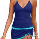 Daci Women Tankini Swimsuits with Skirt - Two Piece Tummy Control Skirted 2PC Bathing Suits Swimwear (X-Large, Navy and Blue)