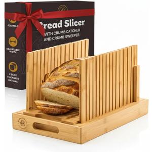Bread Slicer for Homemade Bread - Adjustable Loaf Width Bread Cutter with Foldable Slicing Guide and Crumb Tray - Wooden Bread Cutting Board for Loaf, Cake, Bagels, Artisan Bread - Gift for Bakers