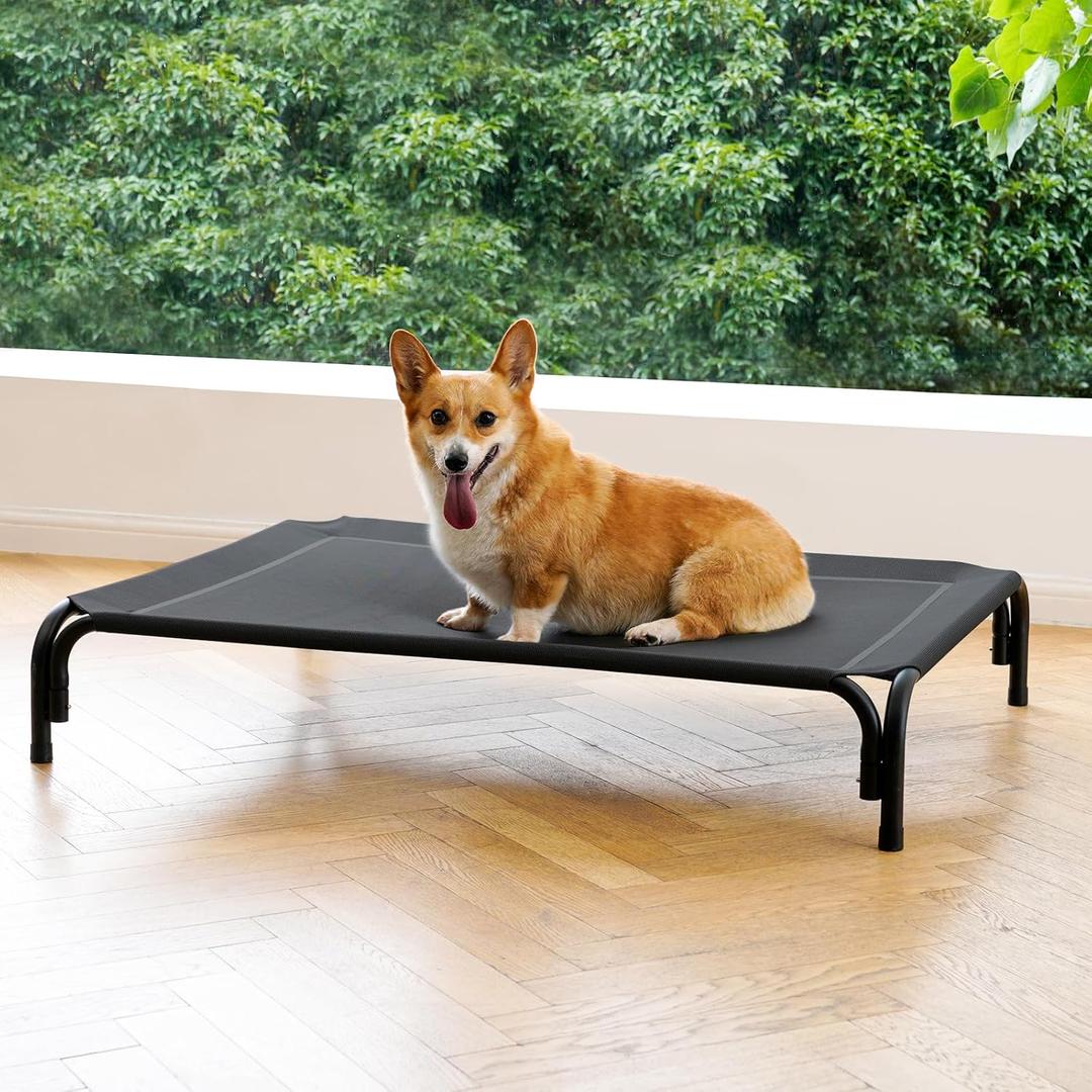 Elevated Dog Bed Raised Outdoor Dog Cot for Medium Dogs, Installation Requires No Tools, Frame with Washable Cooling Breathable Mesh Anti-Slip Feet, Indoor Pet Bed, Black, 35.4 Inches
