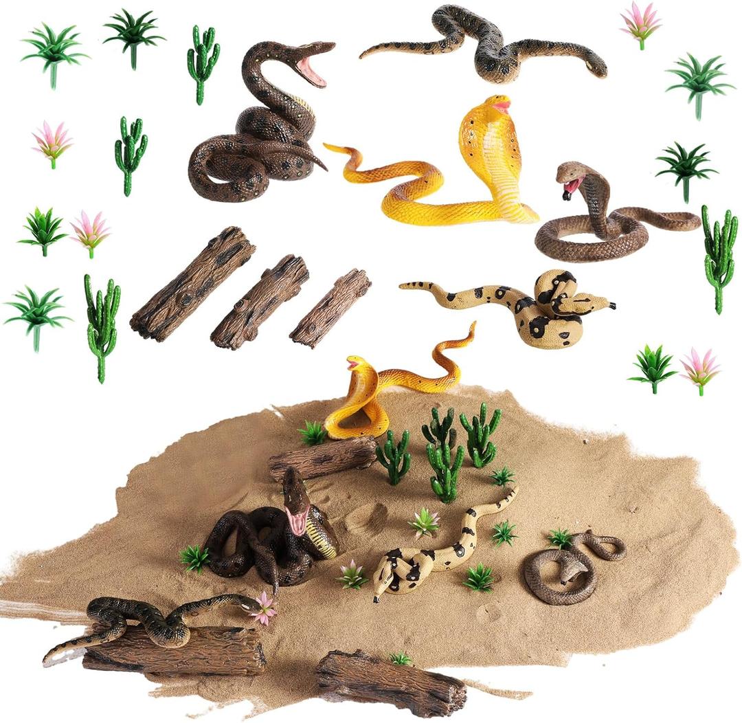 Sratte 26 Pcs Snake Animals Figures Diorama Kit, Plastic Snake Reptiles Toys Model Coral Snake Cobra Diorama Supplies for Back to School Gift Educational Learning Birthday Gift