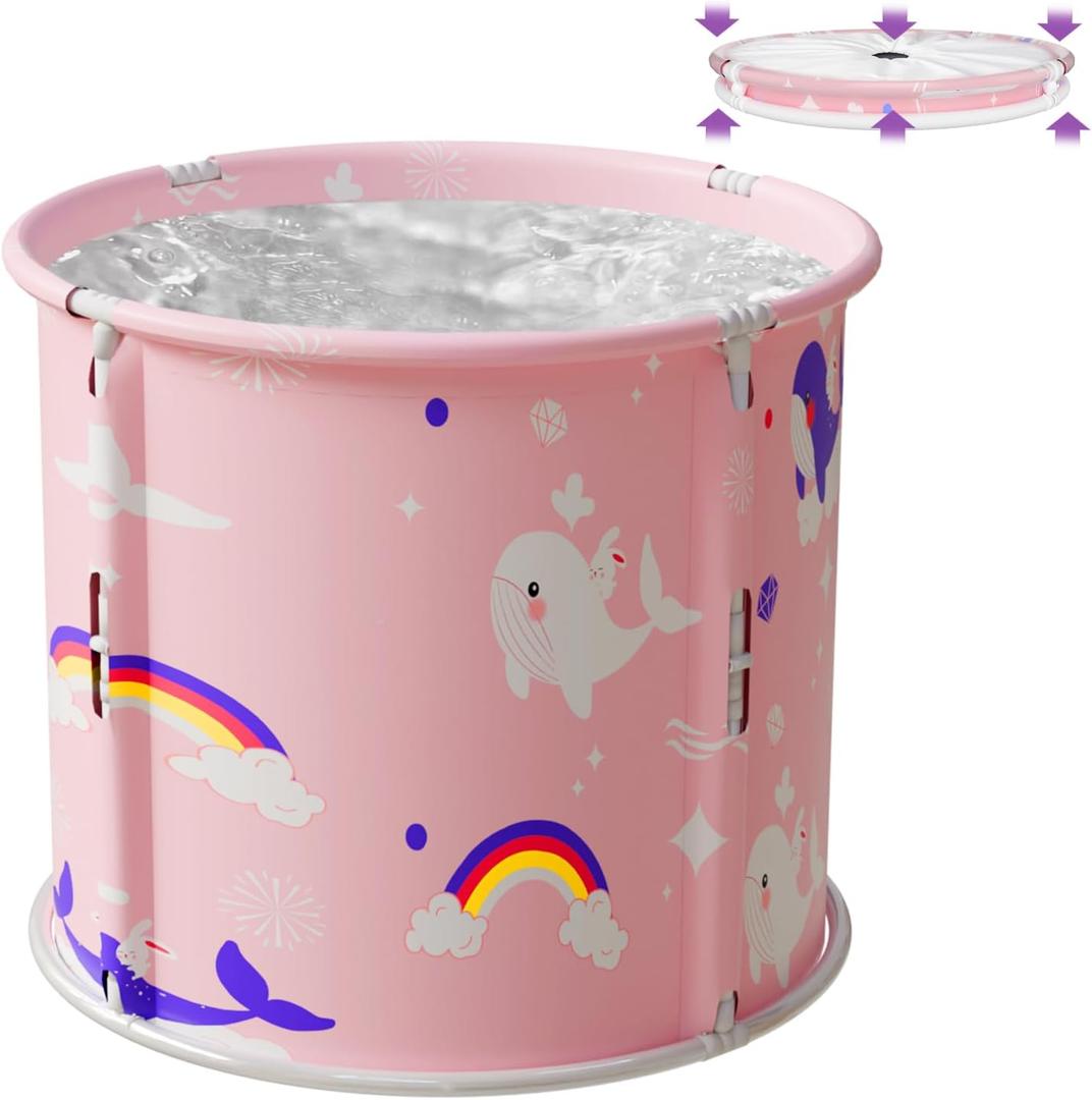 Portable Bathtub, Foldable Bathtub for Kids, Boys and Girls, Therapy Tub for Shower Stall Bathroom Fold Up Japanese Soaking Hot SPA Bath Tub, Outside Ice Bath 21.65''x23.62''(Ocean World Pink)
