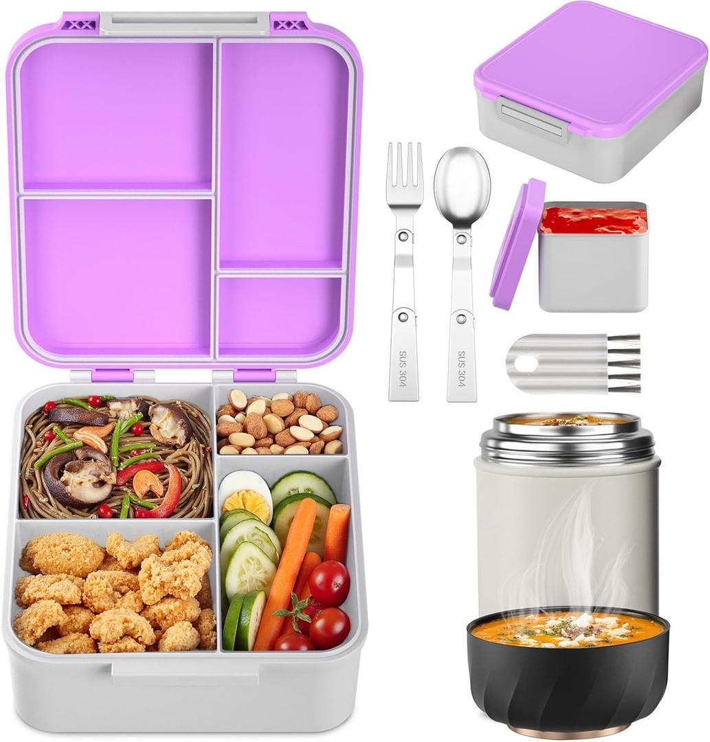 Bento Lunch Box Set with 17oz Soup Thermo, Lunch Box for Kids with Folding Fork & Spoon, Leakproof Lunch Food Containers with 4 Compartment for School, Office, Travel and Park Pinic (Pink)