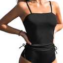 CUPSHE Women's Tankini Set Two Piece Swimsuit Ruched Drawstring Bathing Suits with High Waisted Bottom Rib, L