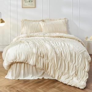 Queen Comforter Set - Ruched Comforter Queen Size Bed Set Boho Shabby Chic Bedding for Bedroom Comforter Fluffy 3 Piece Ruffle Comforter Set with Pillow White Bedding Soft (Queen, Wheat)