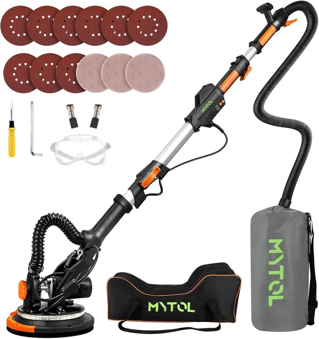 Electric Drywall Sander with Vacuum Dust Collection, Variable Speed, LED Light, Foldable Handle, Sanding Discs & Grids (Orange)