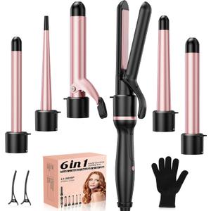 6 in 1 Hair Straightener and Curler, 3/4 to 1 1/2 inch Ceramic Barrel Wand Curling Iron Set, Auto Off, Dual Voltage Hair Styling Hot Tools