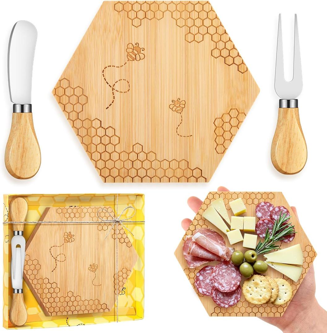 1 Set Bridal Baby Shower Prizes for Winners Honey Bee Cheese Board Party Gifts with Cheese Knive and Forks Box for Bee Baby Shower Themed Birthday Wedding Favors (Hexagon)