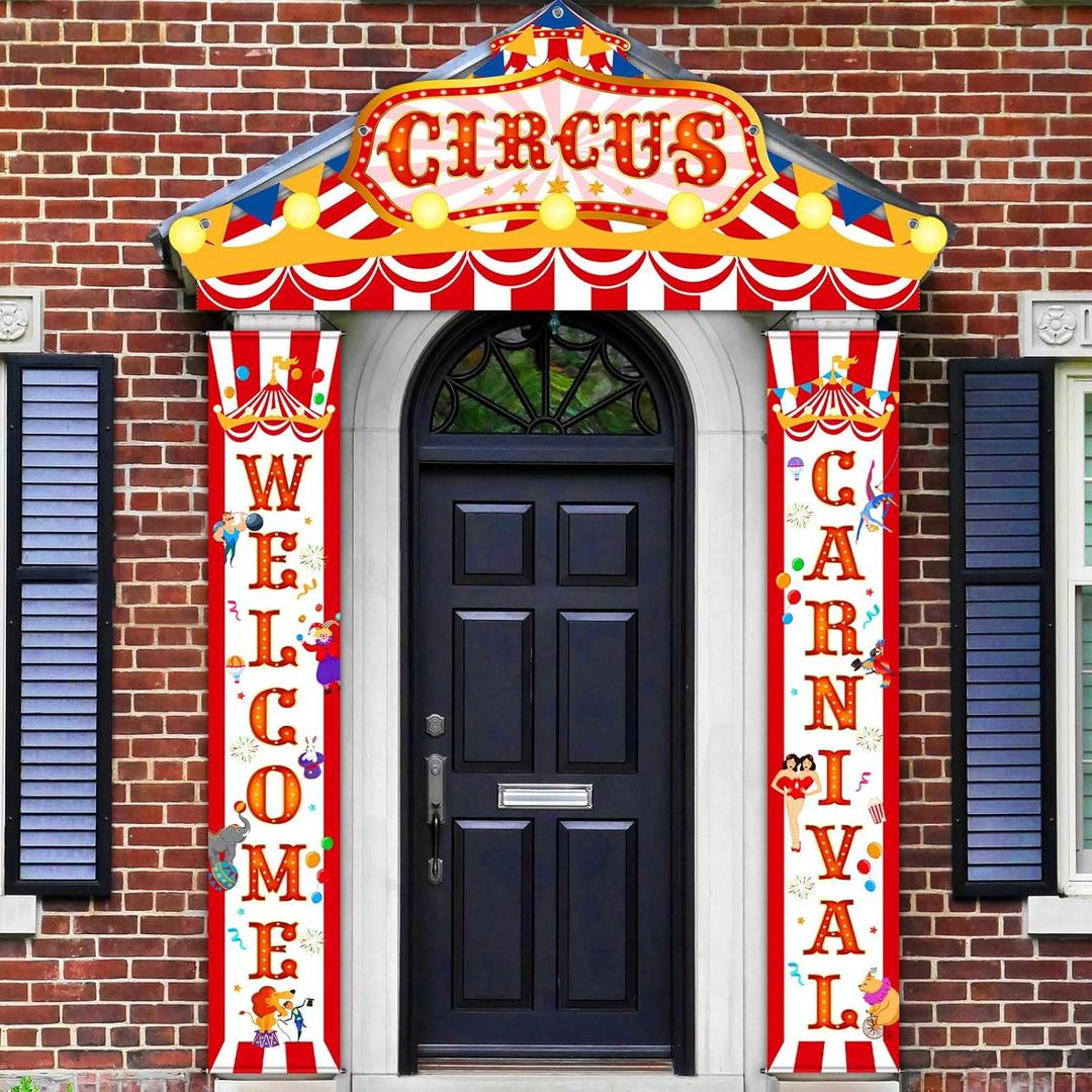 Blulu 3 Pcs Carnival Circus Porch Banner Decorations Circus Party Awning Hanging Banner Carnival Welcome Door Decorations Set for Birthday Baby Shower Party Supplies