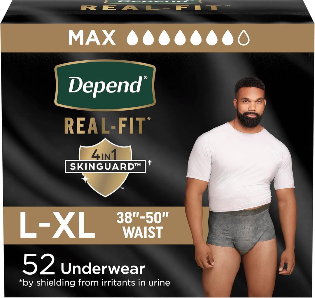 Depend Real Fit Adult Diapers, Incontinence Underwear for Men, Disposable, Maximum Absorbency, Large/Extra Large, 52 Count (2 Packs of 26), Packaging May Vary