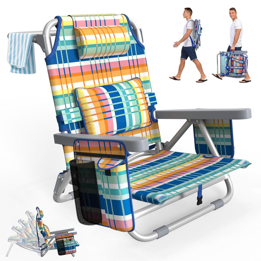 Suteck Beach Chair, Adjustable 5-Position Backpack Beach Chairs for Adults Kids, Reclining Beach Chair with Cooler Bag, Cup Holder and Lumbar Pillow, Foldable Lay Flat Chair for Beach Lawn Outdoor