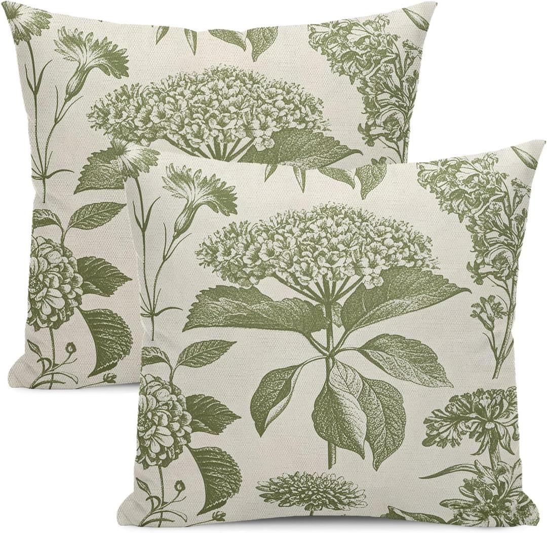 Floral Pillow Covers 16x16 Set of 2 Vintage Sage Green Hydrangea Herbs Botanical Throw Pillow Cover Outdoor Decoration Boho Flower Pillowcase Farmhouse Decorative Cushion Case for Couch Sofa