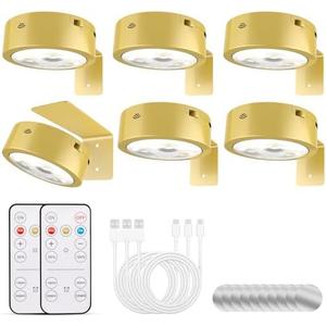 Tututry Picture Lights for Wall, Rechargeable Battery Operated Wireless Magnetic Painting Lights with Remote Dimmable and Timer, Wall Decor Lights with 3 Lighting Modes for Art Display (Golden, 6Pack)