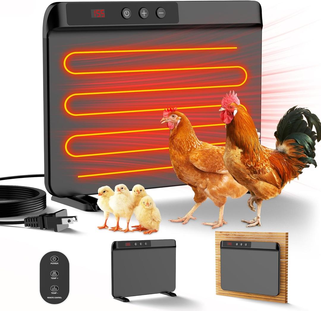 2025 Smart Chicken Coop Heater with Adjustable Temperature Remote Control, 200 Watts Radiant Heat Flat Panel Heaters for Winter Heating,Adaptable to Timer and Temp Controllers (Black) (12.4''x15.9''x5.5'')