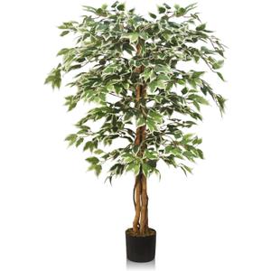 Artificial Ficus Tree, 5FT Tall Fake Tree Indoor, Lifelike Faux Ficus Tree with Natural Wood Trunks Branch Leaves for Home, Office, Living Room, Bedroom, Porch, Garden Outdoor Decor