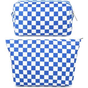 SOIDRAM 2 Pcs Checkered Makeup Bag Large Cosmetic Bag Toiletry Bag Makeup Pouch Travel Bag Organizer Cute Makeup Brushes Aesthetic Accessories Storage Bag for Women Royal Blue