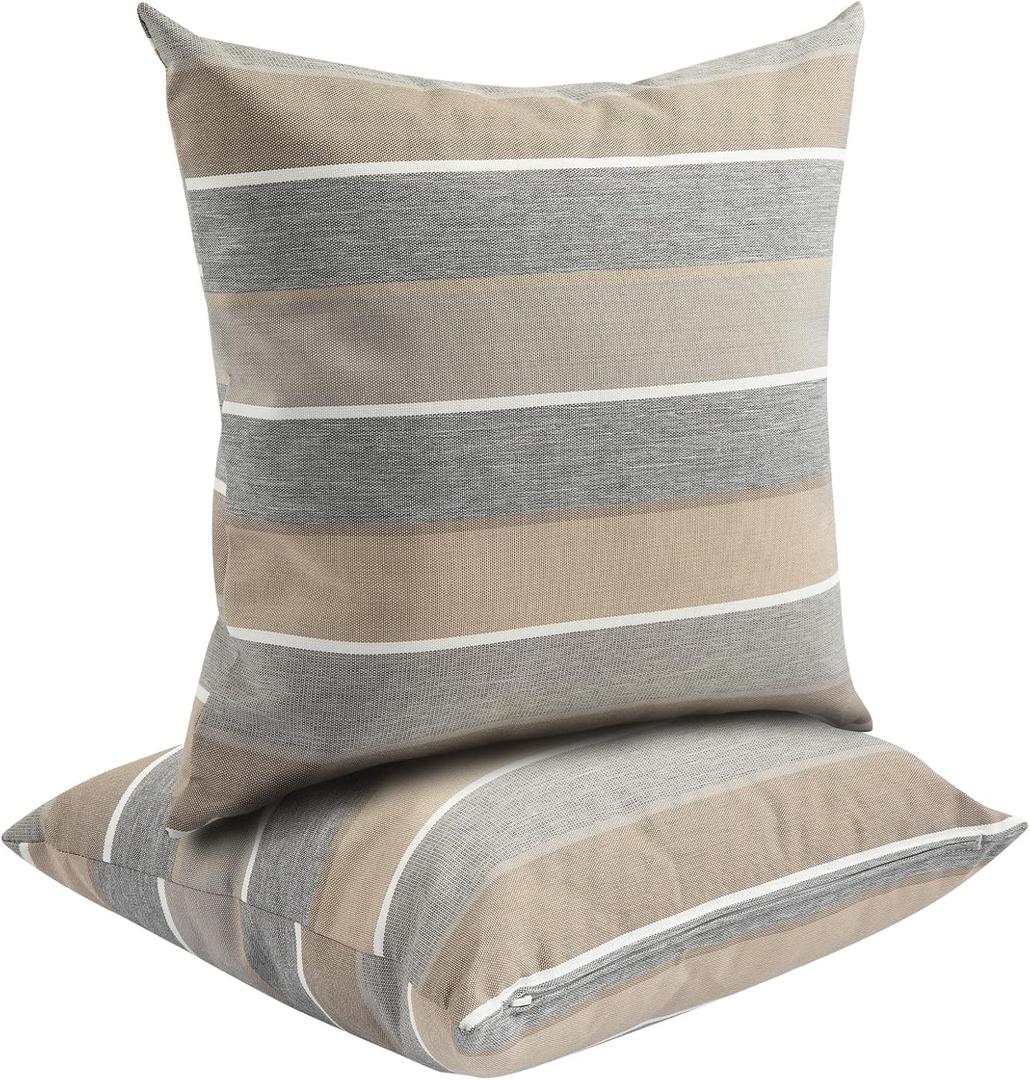 FUNHOME Waterproof Outdoor Throw Pillow Covers Set of 2, Home Decor for Garden Patio Furniture, Couch, Sofa 18 x18 Inch Decorative Pillows Cover Only, NO Insert (Gray Stripe)