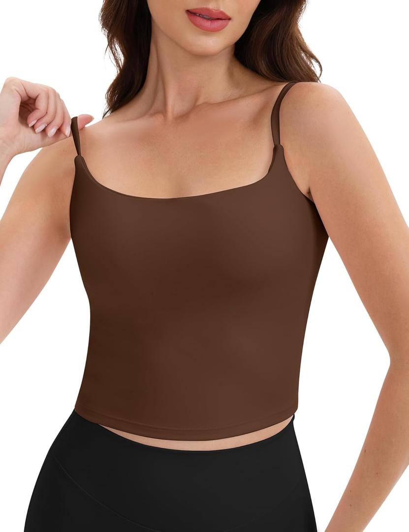 Spaghetti Strap Workout Tank Tops for Women Scoop Neck Women Sports Bras Yoga Camisole Strappy Tank Tops Built in Bra (Large, Brown)