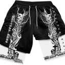 Men's Letter Graphic Workout Shorts Drawstring Waist Straight Leg 2 in 1 Basketball Shorts (Black, L)