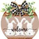 Easter Wreath for Front Door, Easter Bunny Rabbit Wreath with Bow Door Decoration for Home Wood Door Sign Hanger Decor Spring Welcome Farmhouse Rustic Holiday Home Hanging Decoration (Multicolor)