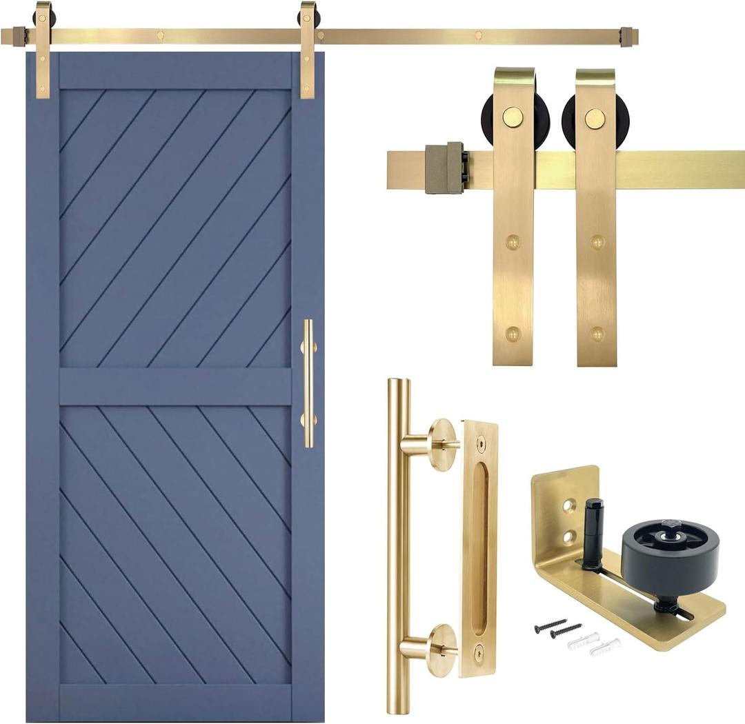 Rio Salto Adjustable Gold Barn Door Complete Hardware Kit 6ft 7in (79in) Sliding Door Hardware Modern Kit Interior Handle Floor Guide Hardware - Light Gold Kit, NO Door