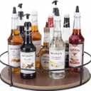 Rotating Coffee Syrup Organizer, 6 Bottle Wood Syrup Rack, Metal Syrups Holder for Countertop, Turntable Wine Display Tray, Coffee Station Bar Accessories & Essentials