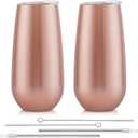 2 Pack Stemless Champagne Tumblers, 6 Oz Insulated Flute Tumbler, Double Insulated Unbreakable Glasses for Friends Birthday Christmas Wedding (Rose Gold)