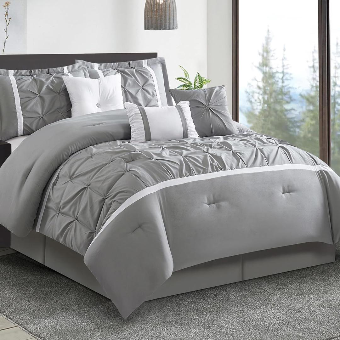 Grey Comforter Set, King, 7 Piece Bed in a Bag, Microfiber Handcrafted Pintucking, All Season Bedding Set with Comforter, Bedskirt, Pillow Shams and Decro Pillows