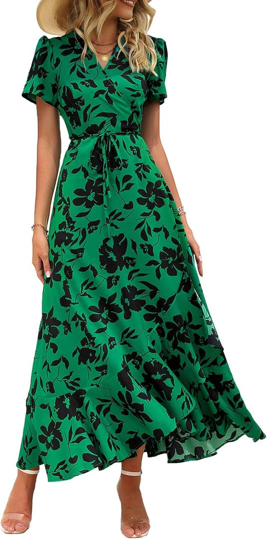 PRETTYGARDEN Women's Boho Floral Maxi Dress Summer Short Sleeve Wrap V Neck Long Flowy Beach Vacation Wedding Guest Dresses (Green, XS)