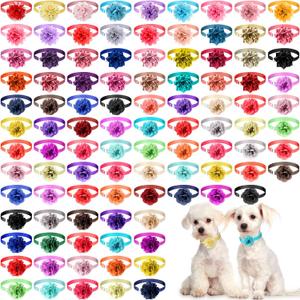 Reginary 100 Pcs Dog Collar Flowers Bulk Pet Collar Bows Dog Accessories Adjustable Nylon Multicolor Cute Puppy Bows Tie Cat Crystal Floral Tie for Puppy Small Pet Cat Grooming