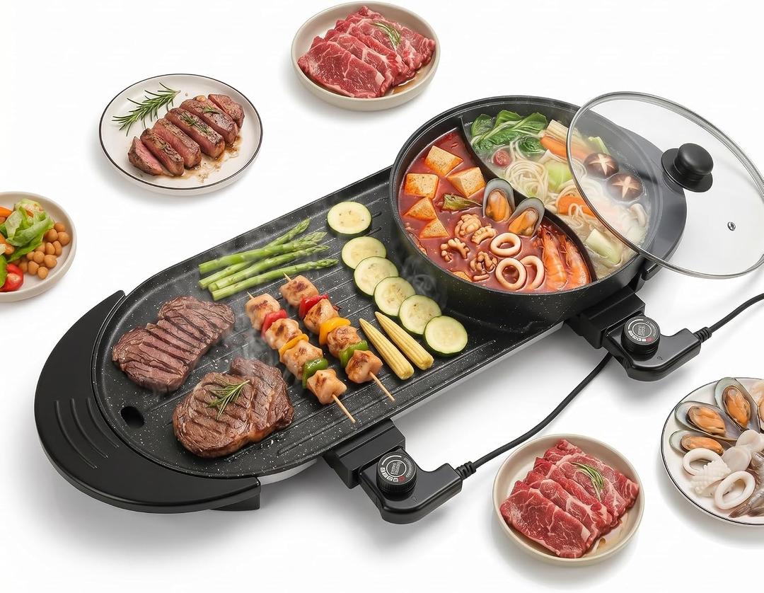 27" Hot Pot with Grill Electric BBQ Grill Combo, 2200W Indoor Korean BBQ Grill with Dual Temperature Control, Large Shabu Shabu Pot, Nonstick Tabletop Grill for 2-12 People, 110V