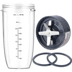 New Blender Cup and Blade Replacement Parts 32oz Cup and Extractor Blade and 2 Rubber Gaskets 4-Piece Compatible with NutriBullet High-Speed Blender/Mixer System 600W/900W Series