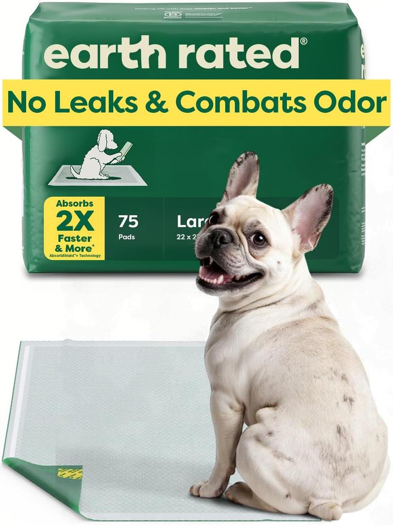Earth Rated Max Absorbency Puppy Pee Pads for Dogs Absorbs 2X Faster & 2X More, Leak-Proof, Odor Control Potty Training, Unscented, Large, 22 x 23, 75 Count