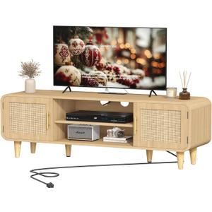 Keehusux Rattan TV Stand for 60 Inch TV, Entertainment Center with Charging Station & Solid Wood Legs, Adjustable Shelf & 2 Cabinet, Boho TV Console, Modern Media Console for Living Room, Natural Oak