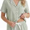 LUBOT 2026 100% Cotton Pajamas for Women PJ Set with Pockets Soft 2 Piece Short Sleeve Button Knit Summer Sleepwear XS-XXL (Green, S)