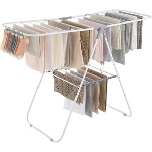 SONGMICS Clothes Drying Rack, with Sock Clips, Metal Laundry Rack, Foldable, Space-Saving, Free-Standing Airer, with 2 Height-Adjustable Gullwings, Indoor Outdoor Use, White and Gray ULLR052W02