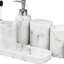 LIN CHUAN 6-Piece Bathroom Accessories Set, Organizer Set with Soap Dispenser, Toothbrush Holder Set, Vanity Tray, Tumbler & 2 Cotton Swab Jars  Modern Stylish Bathroom Storage(Marble White)
