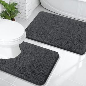 OLANLY Bathroom Rugs Sets 2 Piece, Soft Absorbent Chenille Bath Mats and U-Shaped Contour Toilet Mat Area Rug Set, Machine Washable Bath Carpet, Home Decor Accessories(30"x20"+24"x20", Dark Grey)