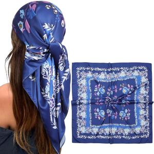 2 x CHLINS 35 Square Silk Scarf for Women Satin Head Scarf Hair Bandanas Neck Scarf Hair Wrap for Handbags Accessories (Blue)