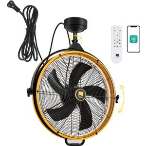 Orison 24.8'' Outdoor/Indoor Garage Ceiling Fan, 6 Speed Ceiling Mounted Plug-In Cord Garage Fan with Remote&APP, Manual Vertical Rotation, Hook hanging for Gazebo, Patio, Yellow&Black