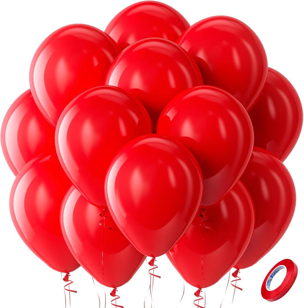 Bezente Red Balloons Latex Party Balloons - 100 Pack 12 inch Round Helium Red Balloons for Valentines Day Casino Theme Wedding Birthday Patriotic Party Decorations