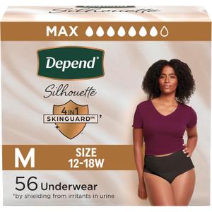 Depend Silhouette Adult Incontinence & Postpartum Bladder Leak Underwear for Women, Maximum Absorbency, Medium, Black, 56 Count (2 Packs of 28), Packaging May Vary