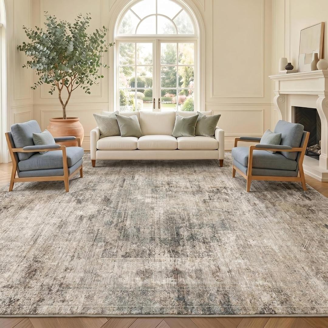 Washable Area Rug 8x10 for Living Room - Ultra-Soft Vintage Distressed Farmhouse Rug, Neutral Taupe Brown Foldable Large Carpet with Non-Slip Backing for Bedroom & Cozy Rustic Decor