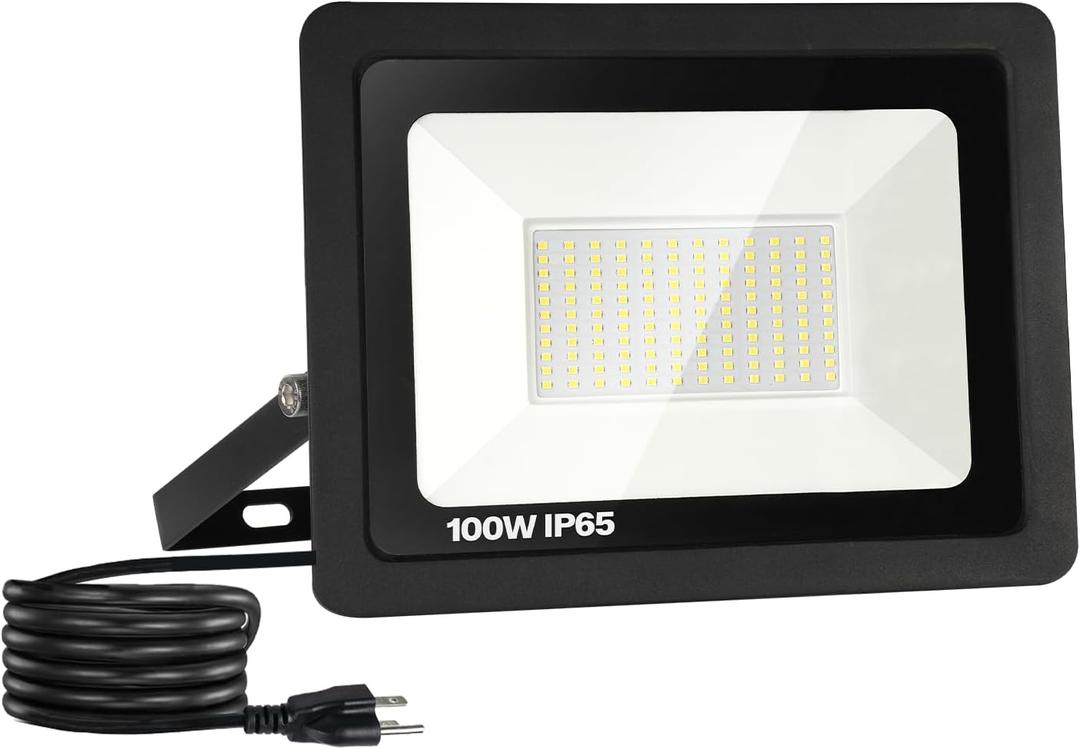 1 Pack 100W LED Flood Light Outdoor, 10000LM Super Bright Work Light with 5.9FT Plug, IP65 Waterproof 6000K Daylight White Outside LED Flood Light with 180Adjustable Bracket for Garage, Yard