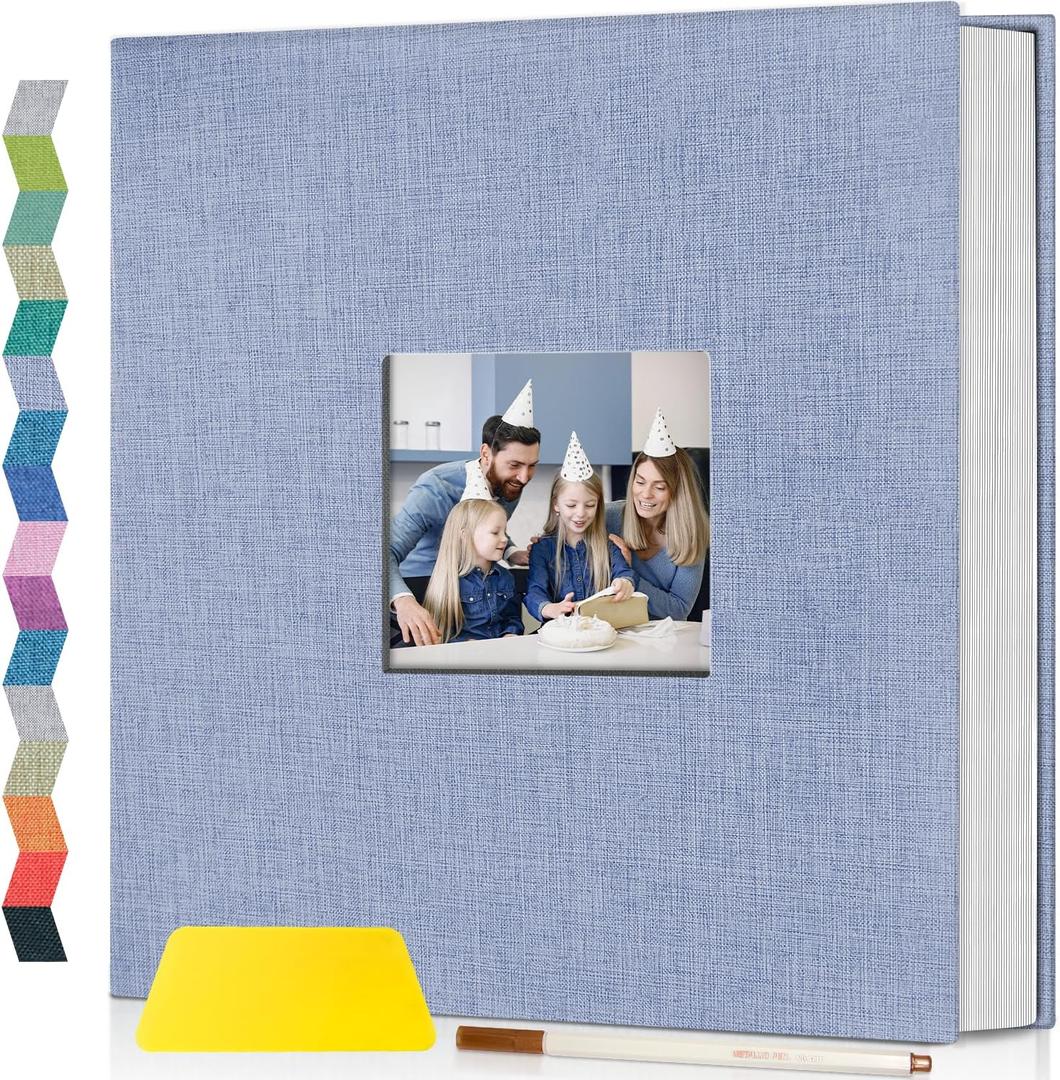 popotop Photo Album Self Adhesive with Picture Display Window,40 Pages DIY Scrapbooking Supplies Kit for 4x6 8x10 Picture,Linen Cover Memory Book for Baby Wedding, with Scraper and Metallic Pen (Sky blue)
